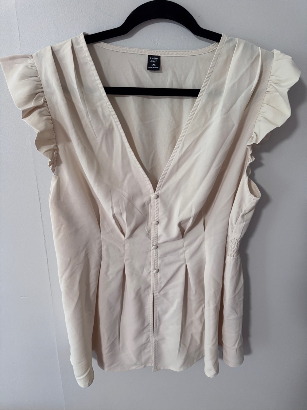 SHEIN Cream V-Neck Ruffle Sleeve Button-Front Blouse